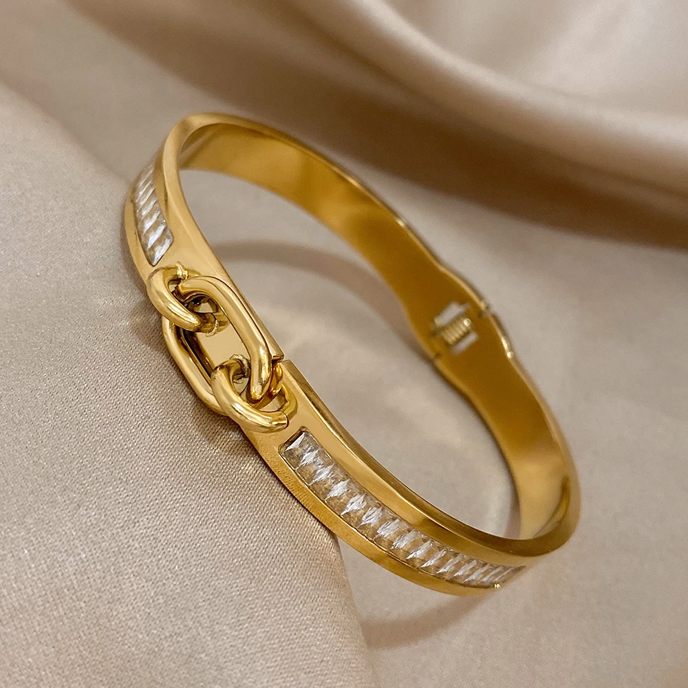 Stainless Steel Lock Buckle Luxury Zirconia Bangles Bracelets Gold Plated Stackable Jewelry To Wear During Daily Vacations Gift