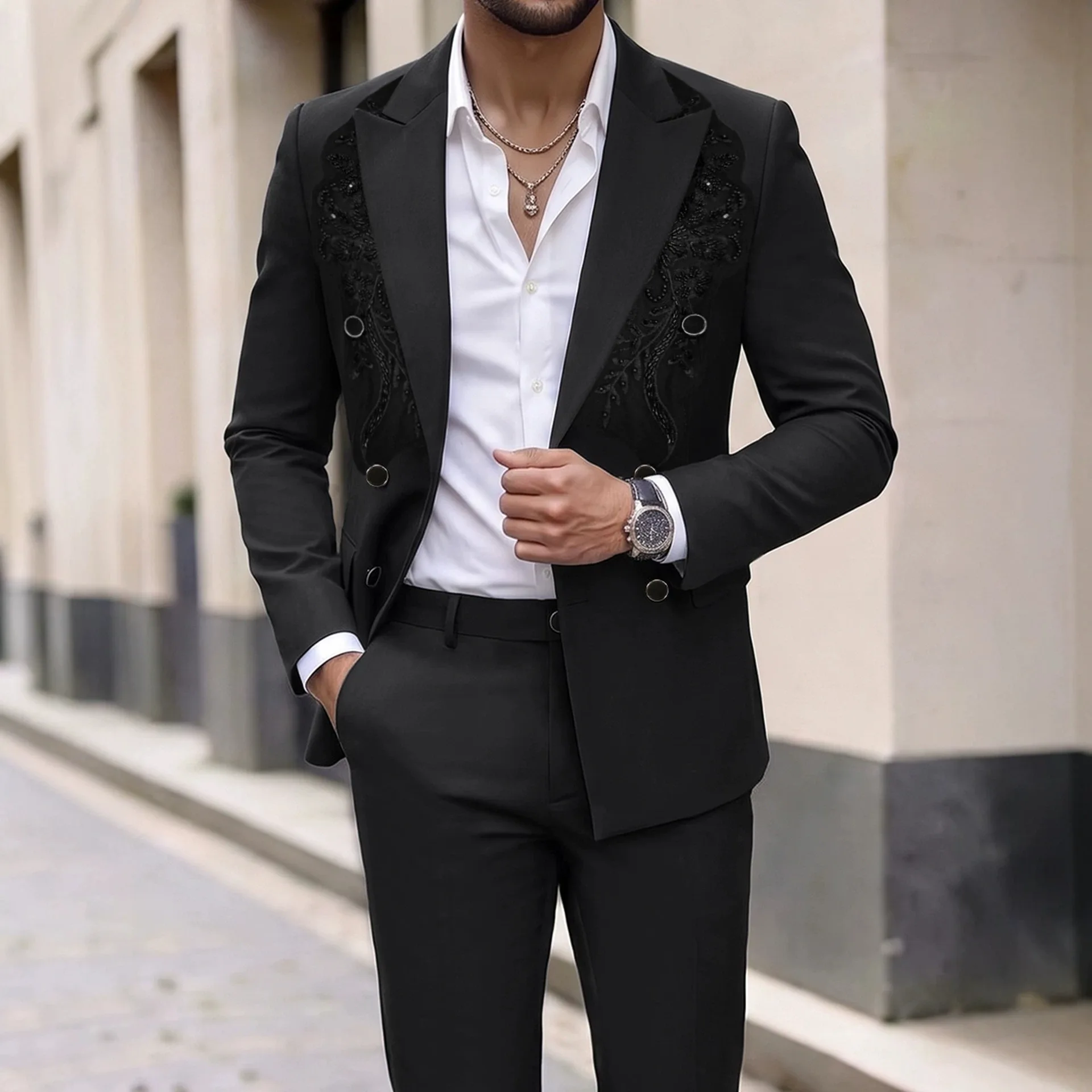 2026 European And American Men's Clothing Heavy Industry Bead Embroidery Double-breasted Gentleman's Suit Men
