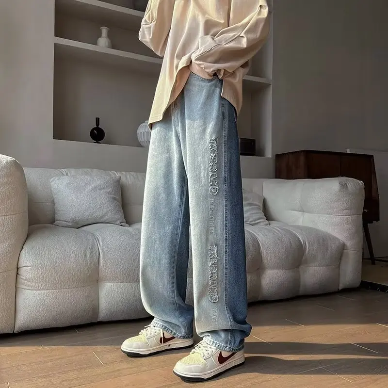 Jeans Männer Farbverlauf Lose Casual Gewaschen Vintage Denim Alle-spiel Patchwork Stickerei Herbst Koreanischen Stil College Täglichen Neue