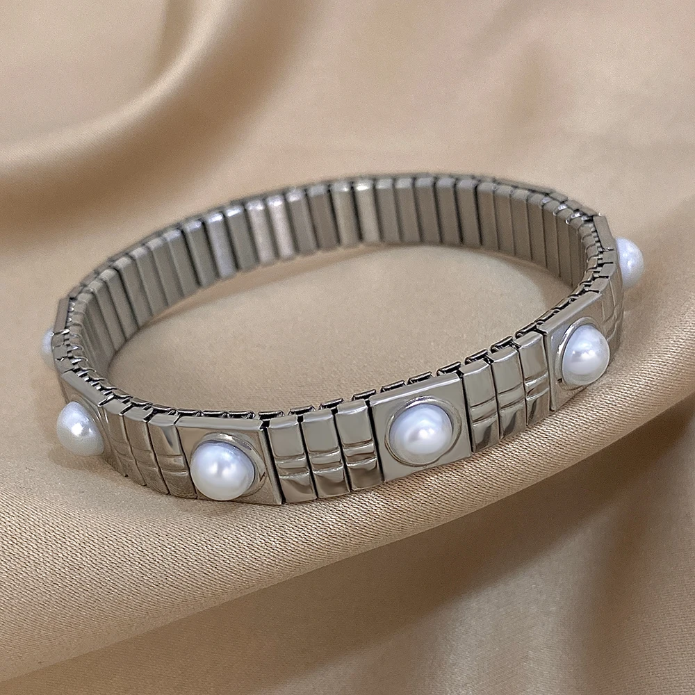 

Freetry Imitation Pearls Elasticity Bracelets Stainless Steel Elastic Bangles for Women Cuff Wristband Waterproof Jewelry Gift