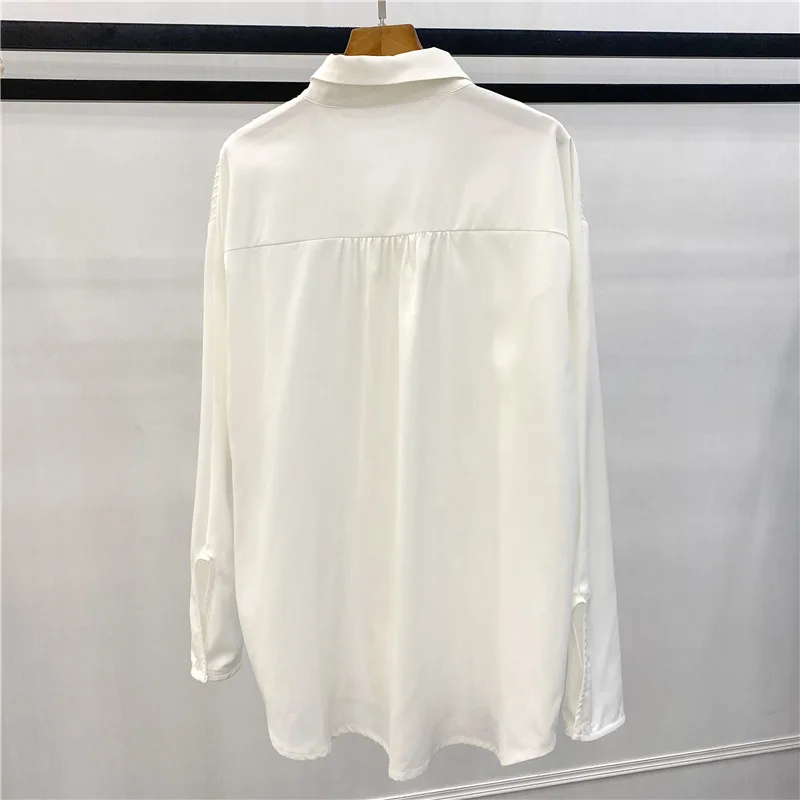 Maxdutti Single Breasted Pleated Long Sleeved Shirt Women Autumn Tops Casual Loose Blouse Women Minimalist Chiffon Shirt