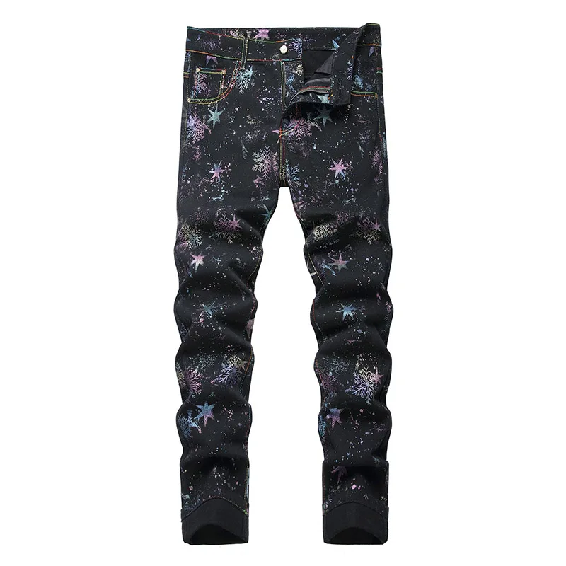 Mcikkny Men Fashion Star Printed Jeans Pants Slim Fit Stretch Denim Trousers Hip Hop