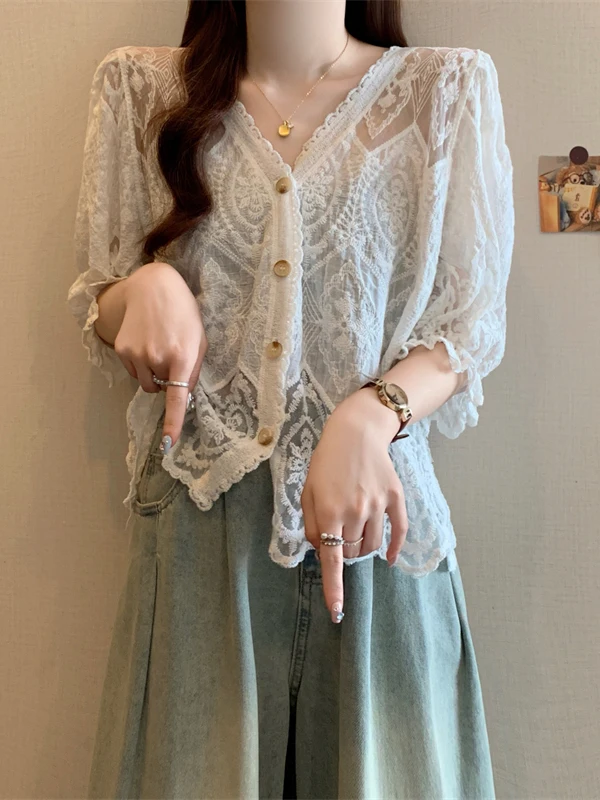 n الدانتيل والتطريز V-Ne الشيفون irt المرأة حجم كبير بلوزة الصيف الجميلة الكورية Sle فضفاضة تناسب ort Sve