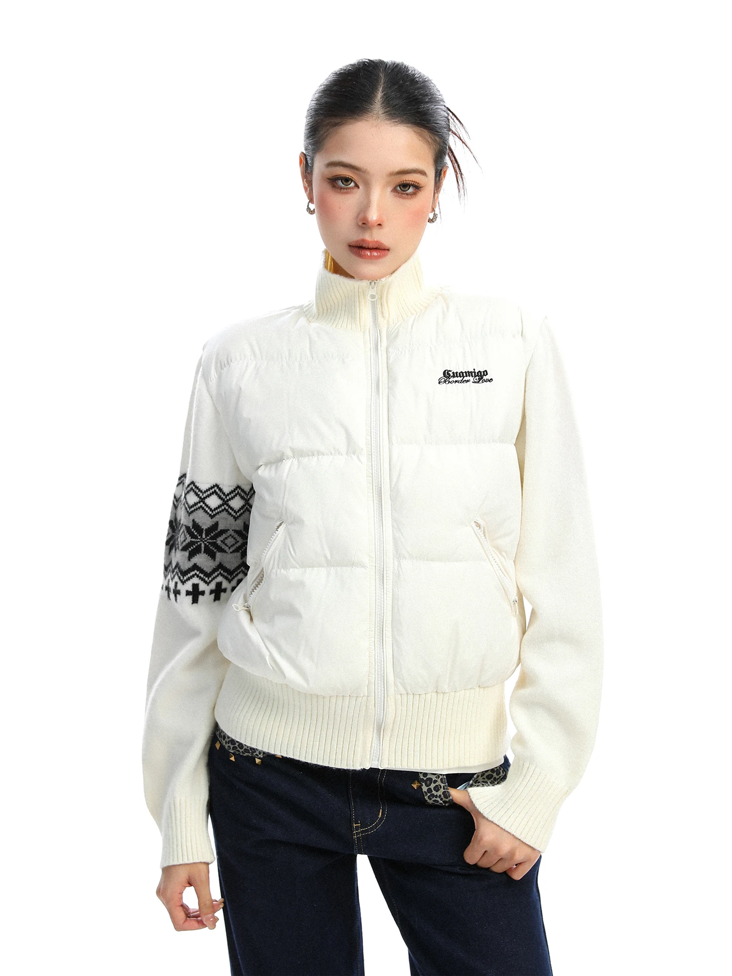 

Women's ort Puffer Jaet Biggold Fair Isle Knitted Sve Patchwork Stand Collar down Coat Winter Warm Cotton Outerwear