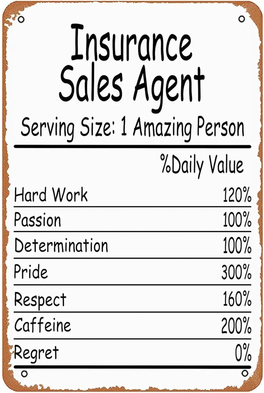 Insurance Sales Agent Amazing Person Daily Value Sign Wall Decor Art Poster Vintage Metal Tin Sign for Funny Garage Man Cave Roo