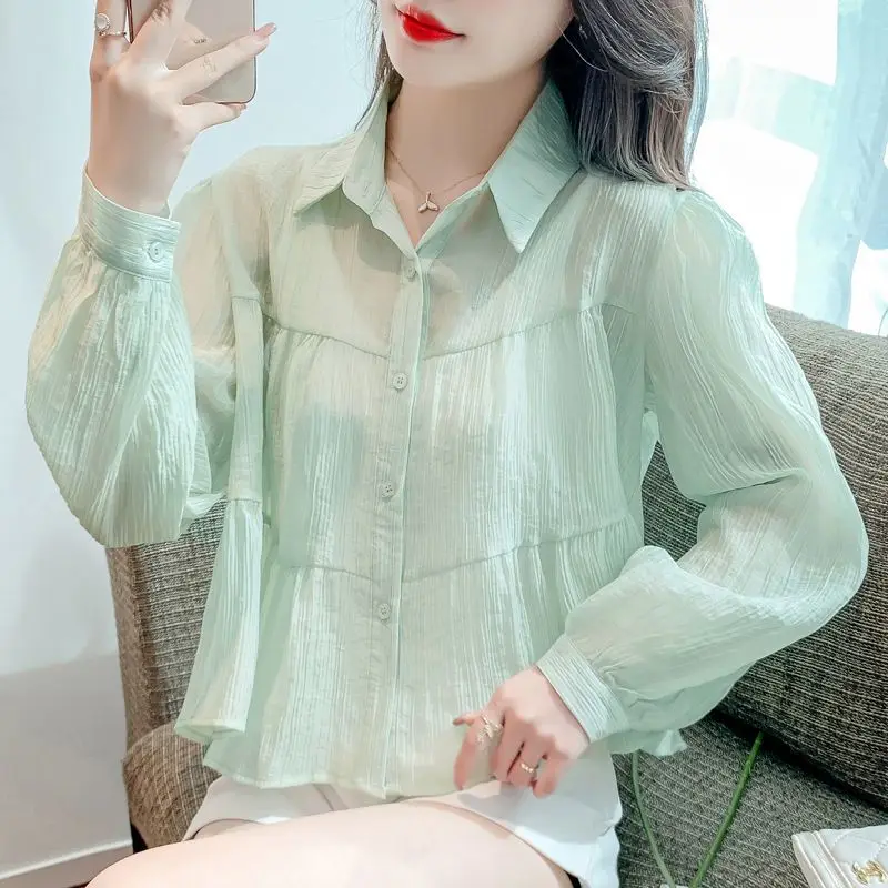 Nuova estate delle donne elegante fata sottile protezione solare camicia solido dolce Chic risvolto camicetta in Chiffon manica lunga sciolto top Casual Blusas