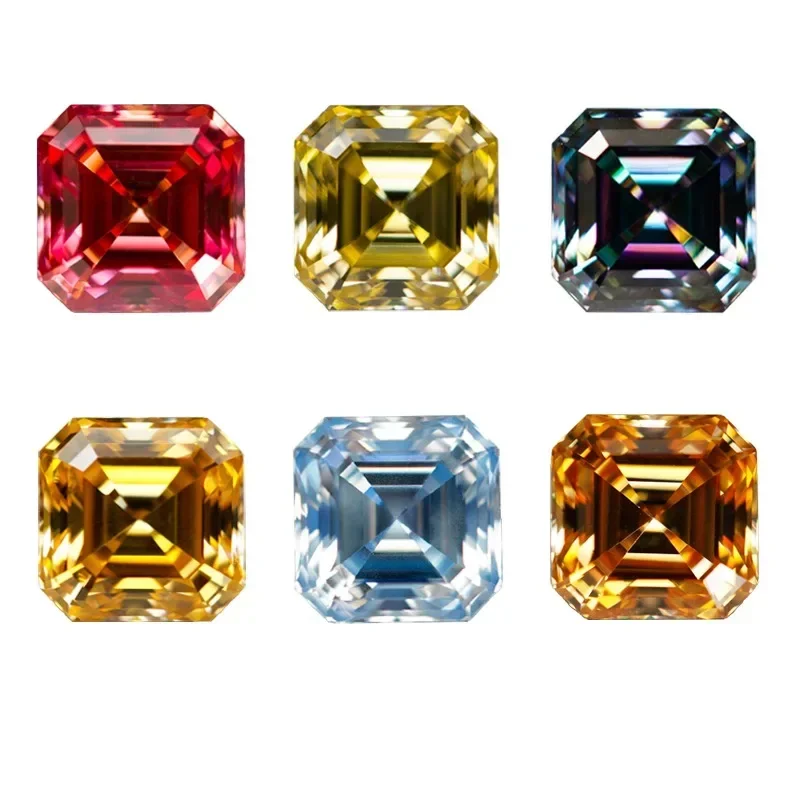 Pedra moissanite múltiplas cores, pedra preciosa de corte asscher para diy, material de joias avançadas, testador de diamante com certificado gra