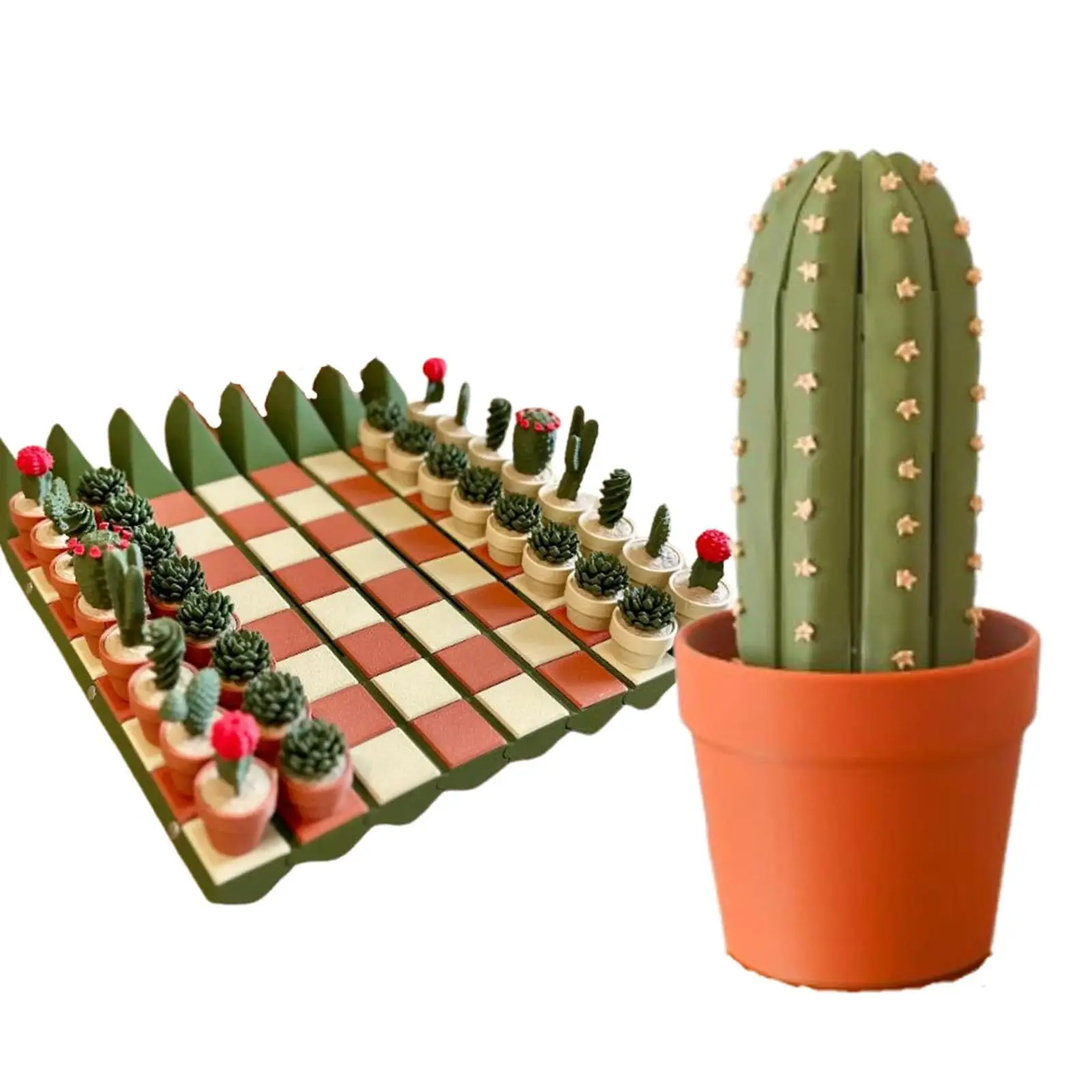 

1pc 3D Printed 32pcs Cactus Chess Board Set, Foldable Portable Cactus Chess Travel Board, Fun Chess Board Gift for Plant Lovers