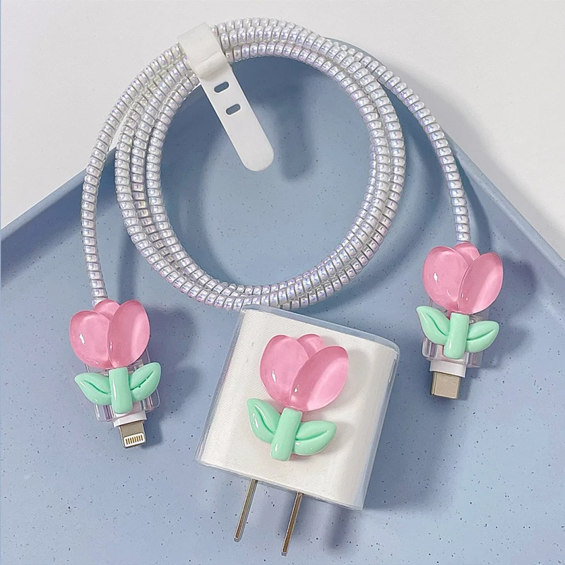 For Apple 18W 20W Charger Protective Cover Cute 3D Pink Tulip Flower Case for iPhone 14 13 Pro Max Data Cable Head Protector