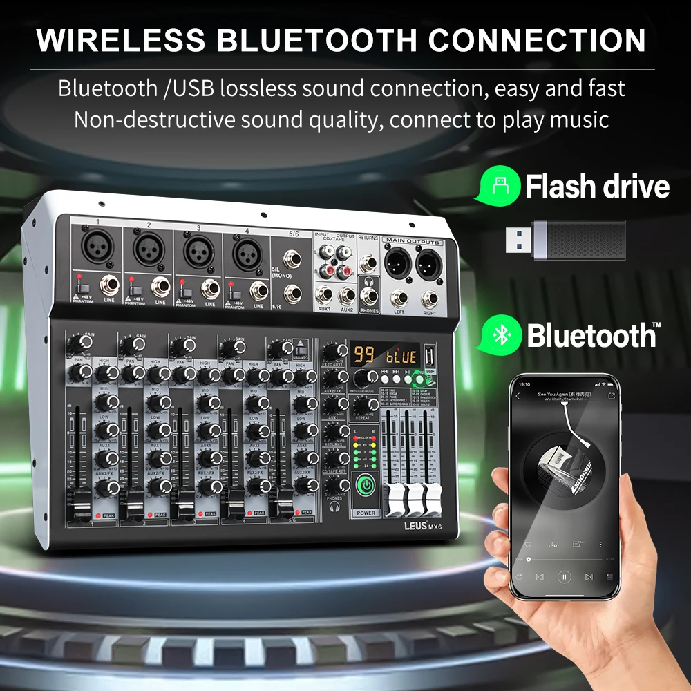 LEUS MX6 Channel 99 DSP Effect Audio Mixer Record PC 48V Phantom Power USB Sound Mixers Bluetooth DJ Console Mixing for Karaok