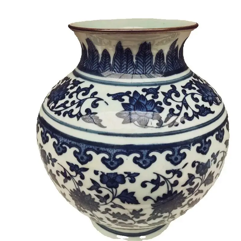 Chinese Old Porcelain round Vase Blue And White Entangled Lotus Pattern Traditional Decorative Floor Standing Artwork