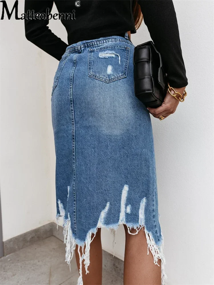 2024 Summer Sexy Asymmetric Denim Skirt Women High Waist Slit Ripped Beggar Midi Skirts Casual Slim Worn Tassel Blue Jeans Skirt