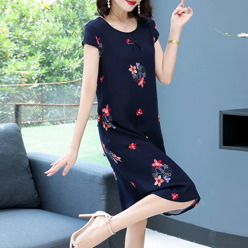 New Fashion Summer Women For Dresses 2025 Casual O-neck Print Vintage Elegant Short Sleeve Womens Clothing