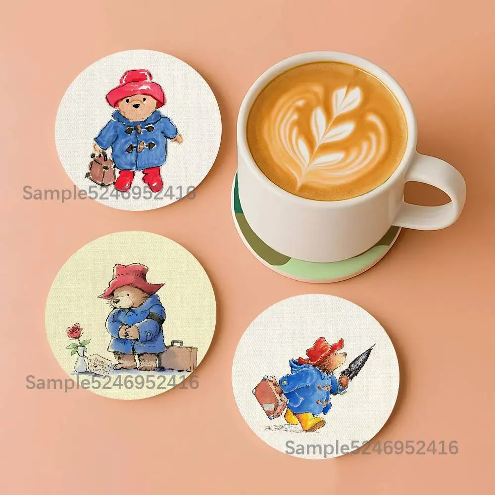 

P-Paddington Cute Bear Round Wooden Coasters Heat Resistant Non-slip Drink Cafe Decoration 2D Flat Color Print Set