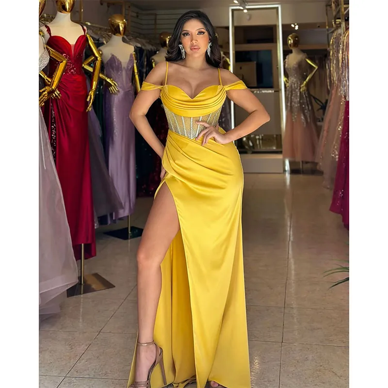 

Sexy Yellow Prom Dress Spaghetti Bone Bodice Formal Evening Dress Elegant Dress for Special Occasions Thigh Split Robe De Soiree