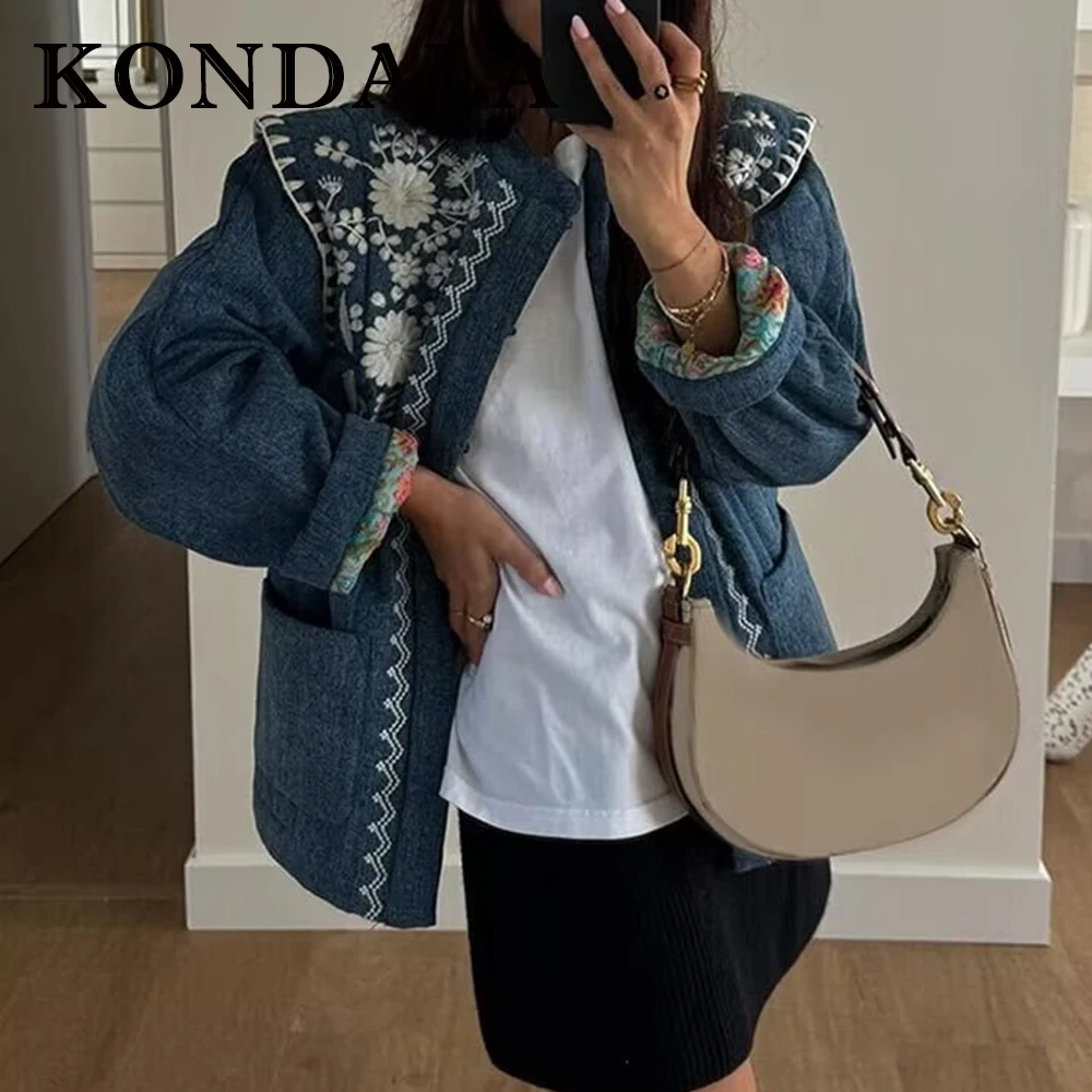 

KONDALA 2025 Blue Autumn Women Print Coats Zipper Long Sleeve Loose Jackets Streetwear Warm Bohe Vintage Female Fashion Outwears