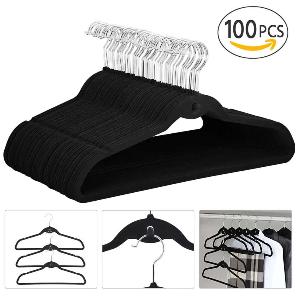 Non Slip Velvet Clothing Hangers, 100 Pack, Black USA