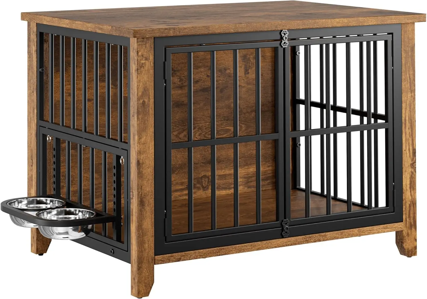 

Dog Crate Furniture, Wooden Dog Kennel Indoor with Adjustable 360°& Height Dog Bowls, Double Doors Furniture Crates