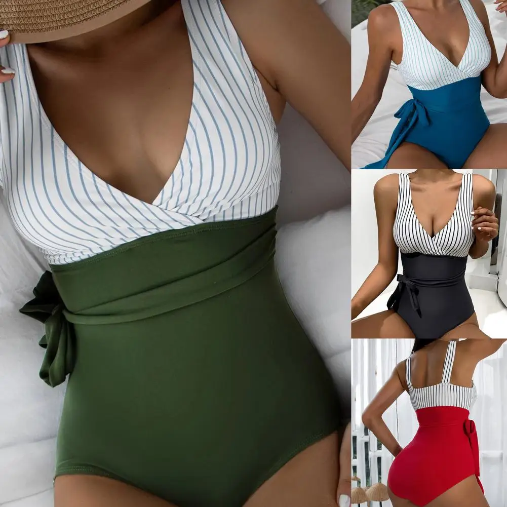 Lady Swimwear Deep V Neck Contrast Colors Tummy Control Soft Sleeveless Patchwork Summer Monokini One-piece for Beach Swimsuit