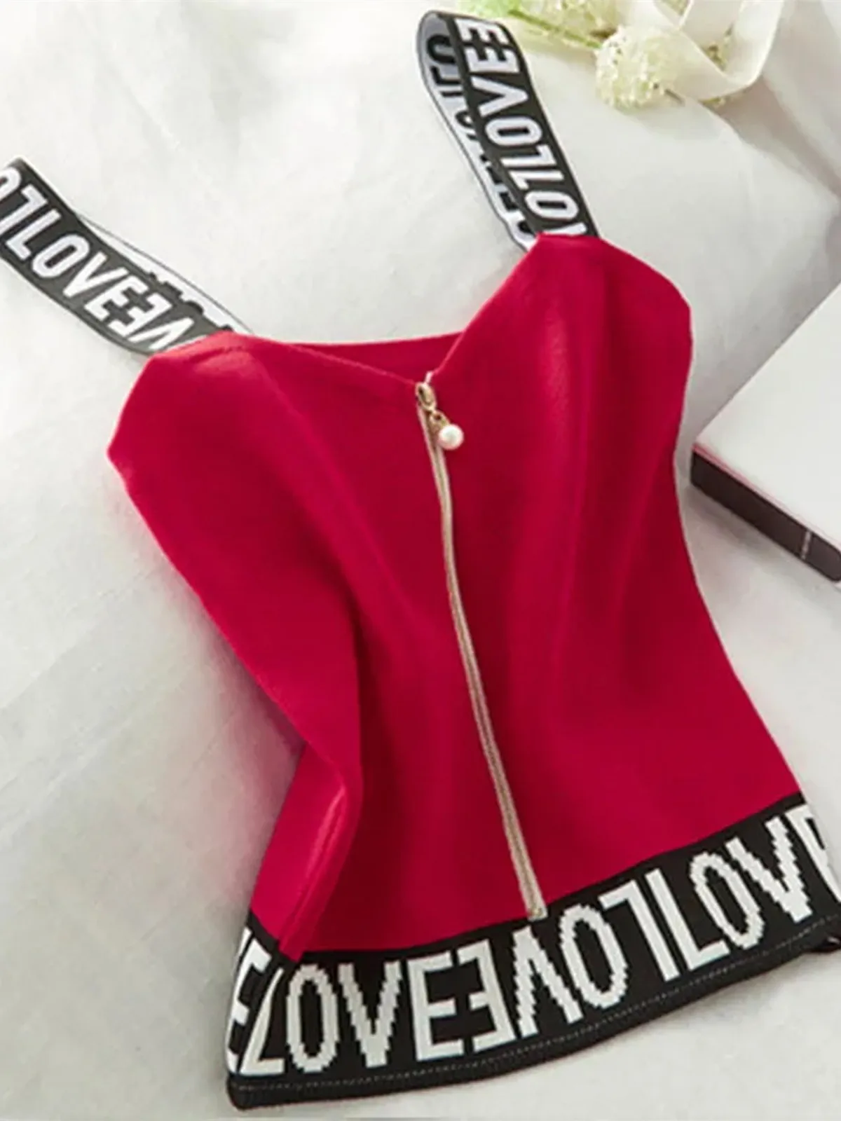 Summer Sexy ort Knitted Pearl Zipper Letter Women's Vest Top oulder Strap Wide Strap Bandage Sle Slim Fit 8-24 Years Old