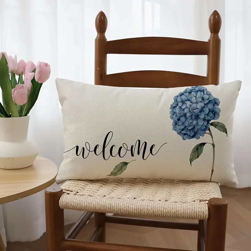 1pc Welcome Blue Hydrangea Printed Pillow Cover,Suitable for Sofa,Bedroom,Living Room,Entryway, Warm Gift for Home Decor Lovers.