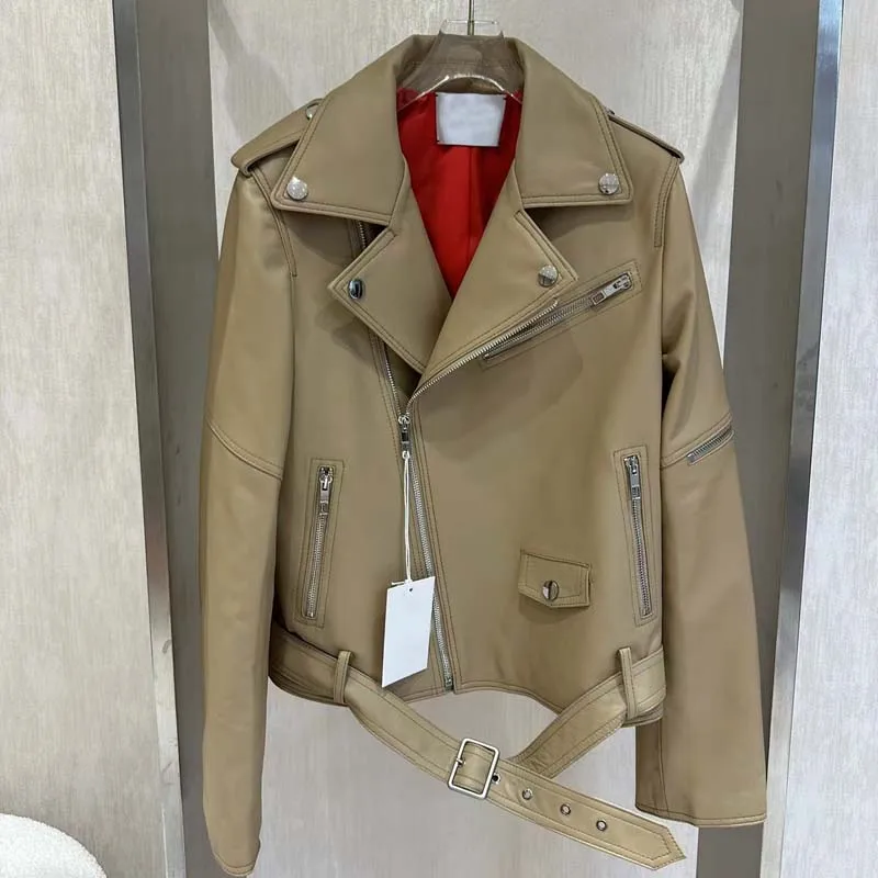 Genuine Leather Jacket Short Length Clothes With Belt Women Coat Spring Locomotive Type Red Lining Turn-Down Collar