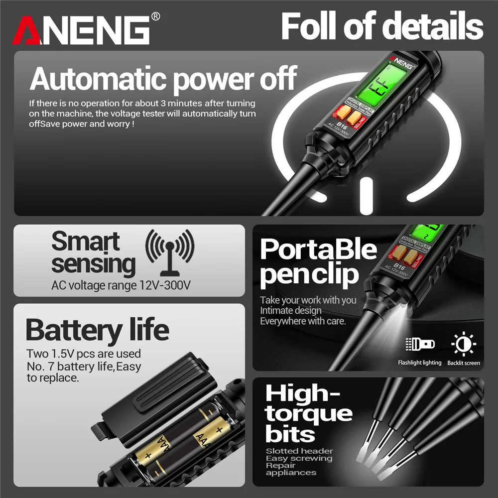 ANENG 지능형 감지 디지털 측정 펜 B16 비접촉 12V-300V 전압 검출기 자동차 진단 파인더 전압계 도구