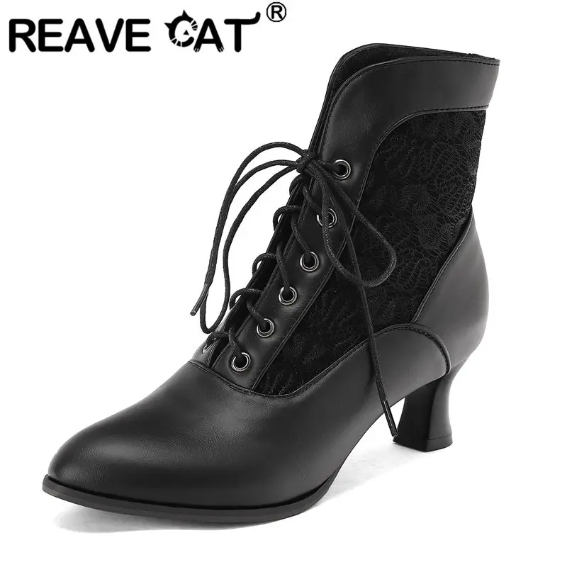 

REAVE CAT 2025 New Female Ankle Boots Pointed Toe 5cm Strange Block Heels Lace Up Short Booties Large Size 41 42 43 Winter