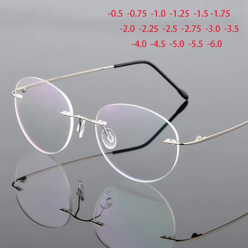 

Titanium Alloy Framless Oval Myopia Glasses Finished Women Men Ultra-light Rimless Prescription Eyeglasses 0 -0.5 -0.75 To -6.0