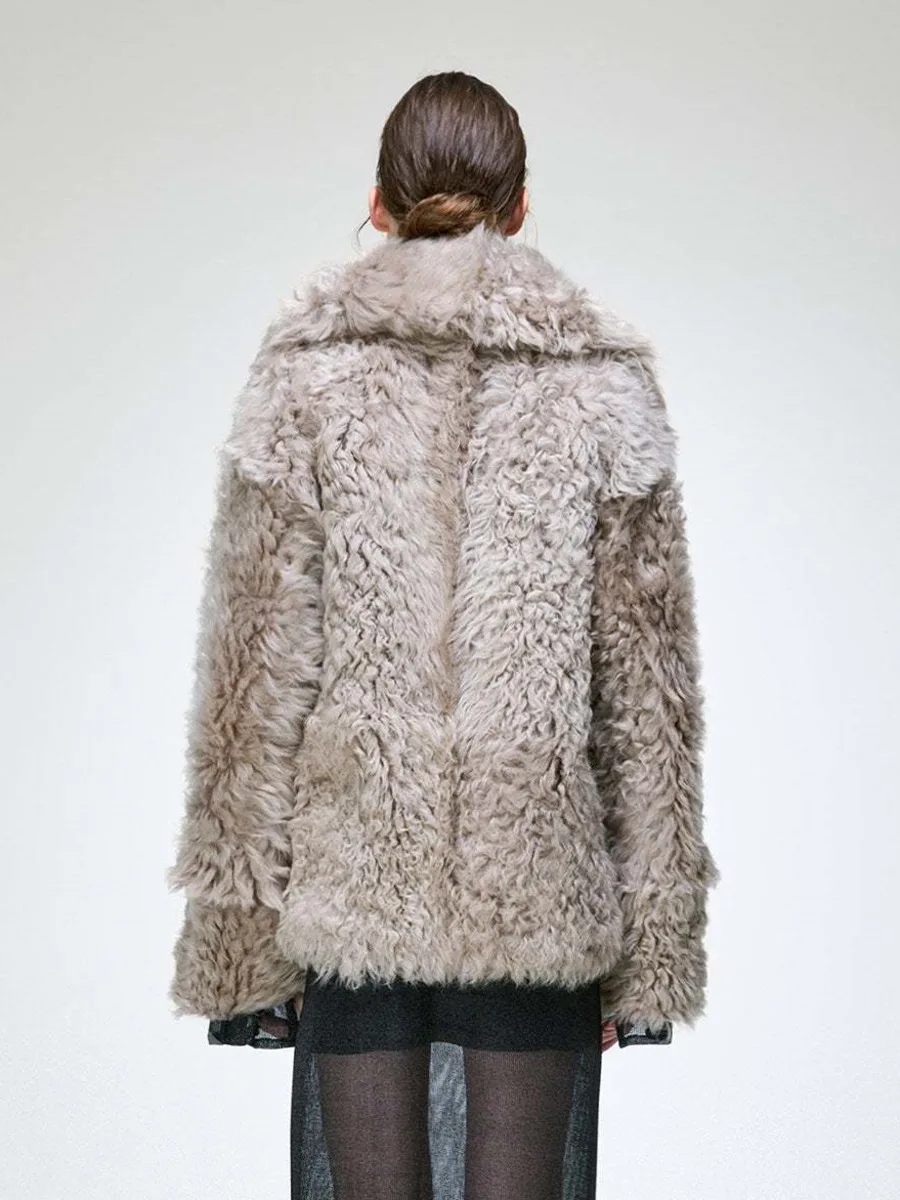 DFDG 2026 Women Curly Faux Fur Oversized Short Coat Big Turn‑Down Collar Loose Plush Jacket Warm Fashion Outerwear Winter Fur