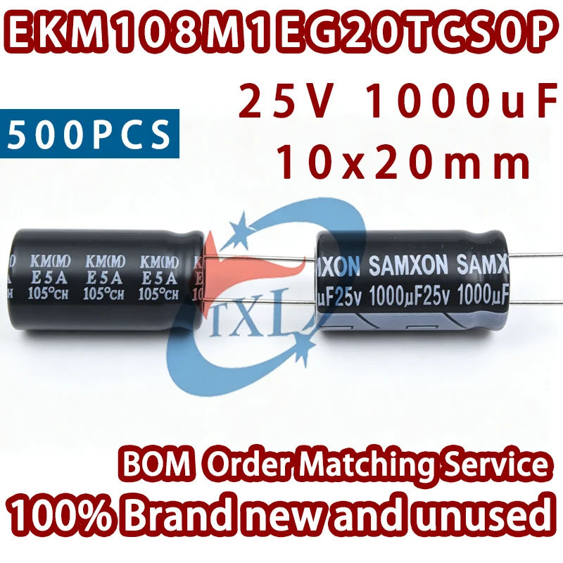 500PCS Import-SAMXON 25VDC 1000uF EKM108M1EG20TCS0P 10x20mm 105℃ KM Leaded Electrolytic Capacitor