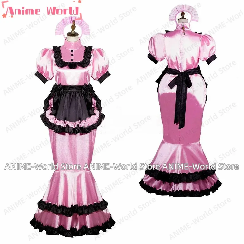 

《Custom Size》Girl Sexy Sissy Pink Satin Fishtail Maid Dress Lockable Cos Suit Adult Suit Party Carnival Dress Halloween