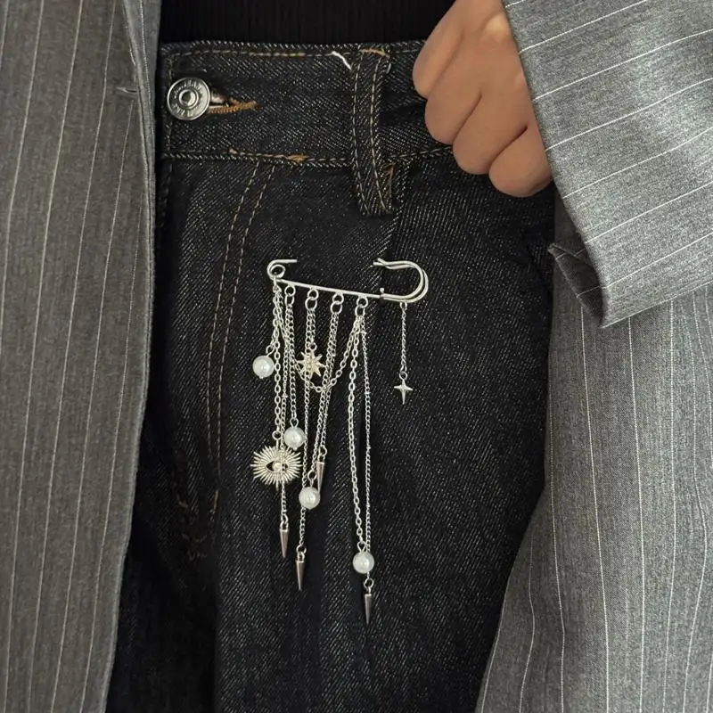 بروش من اللؤلؤ بأحجار الراين مع سلسلة معدنية قابلة للإزالة لتزيين السراويل وإكسسوارات الموضة #5