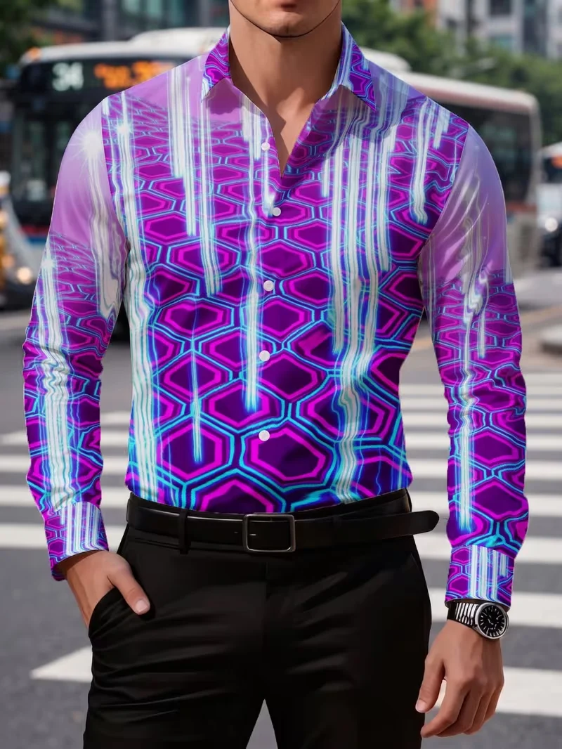 New Purple Blue Neon Hexagonal Light Effect Long Sleeve Shirt for Cyber Future Men's Trendy Cool Shirt