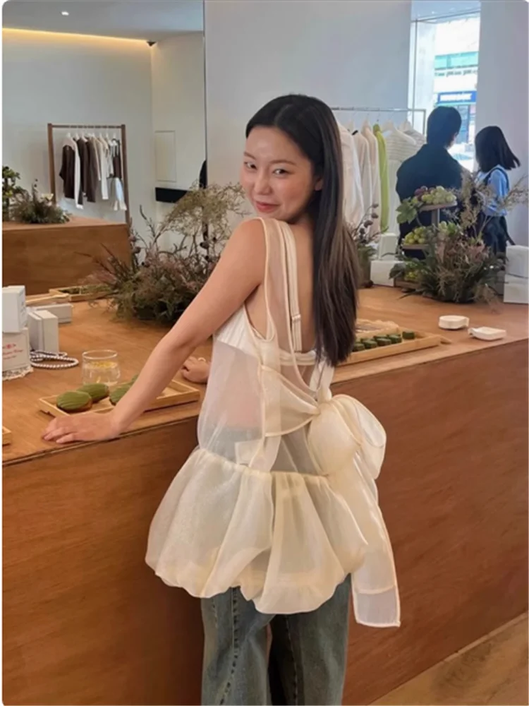 

Sexy New Summer Transparent Sheer Mesh Suspender Mini Tank Dress Chic Bow Backless Black Beige Sleeveless Straps Slip Bud Dress
