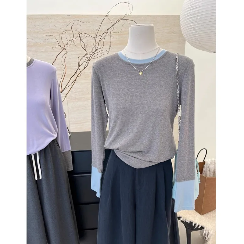 

Женская футболка с длинным рукавом и круглым вырезом в корейском стиле, облегающий топ, новинка 2024 года, модный дизайн, базовая модель