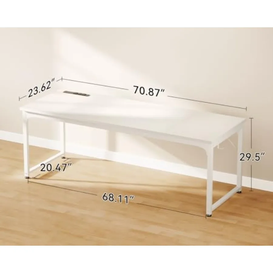 مكتب كمبيوتر مقاس 71 بوصة مع منافذ USB للمكاتب الكبيرة ومساحات الدراسة ومكتب كتابة طويل للطلاب باللون الأبيض بتصميم حديث #3