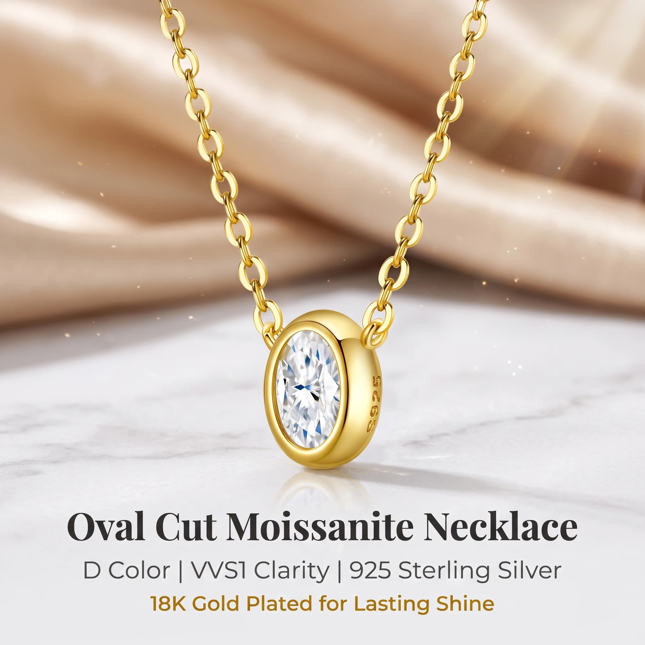 GRA Certified Oval Bezel D Color Moissanite Necklace, S925 Silver Gold Plated Fashion Women Jewelry Gift