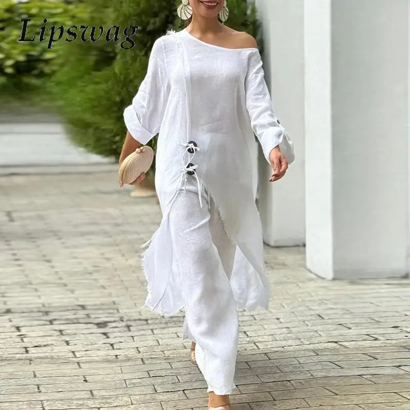

Sexy Skew Collar Long Sleeve Top & Long Pant Set Women Elegant Irregular Robe Outfits Casual Tie-Up Loose Solid Color 2Pc Suits