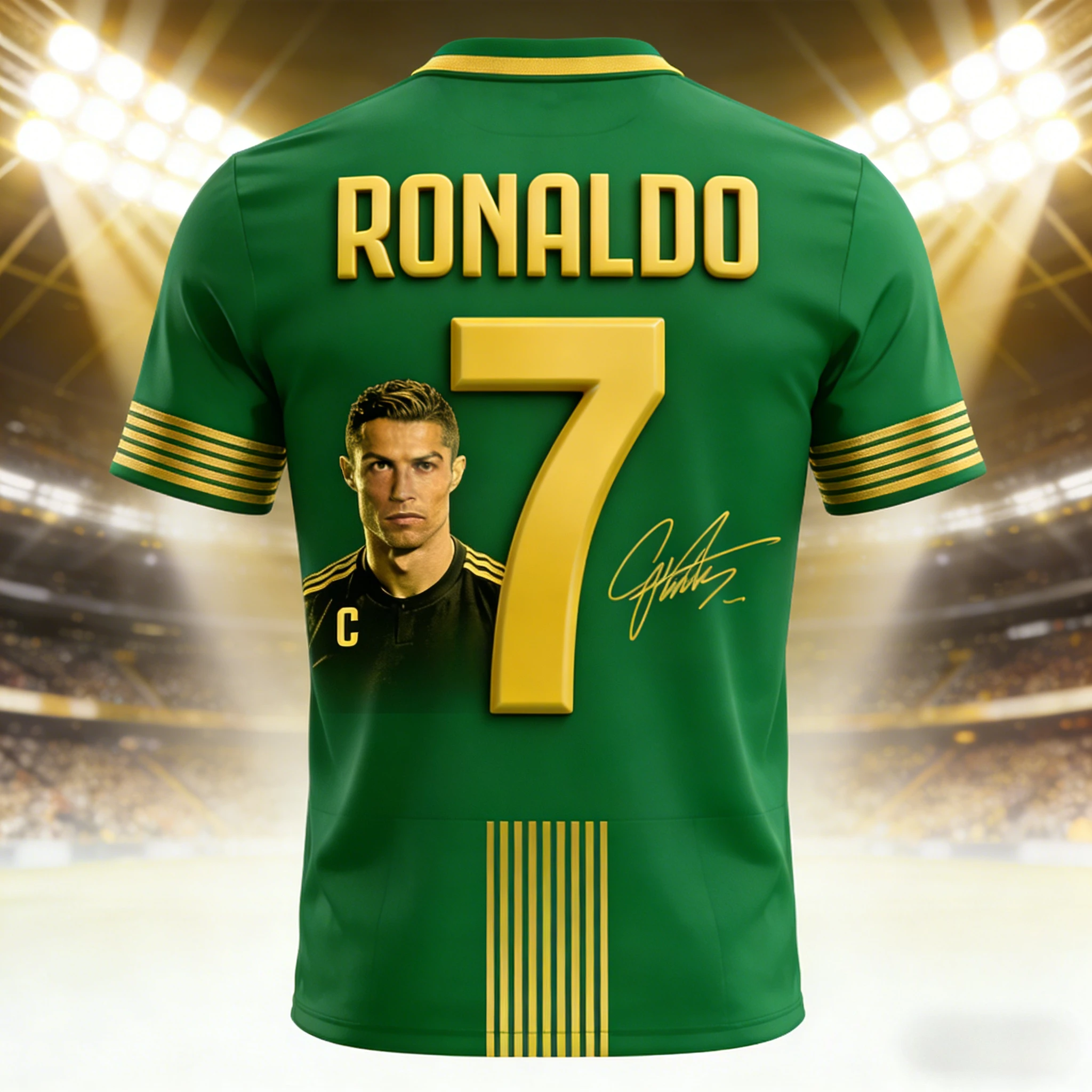 عرض ساخن لعام 2026 رونالدو # 7 جيرسي باللون الأحمر والذهبي - رقم واسم معدني، ملابس جامعي فاخرة ممتازة لمحبي النجمة المميزة