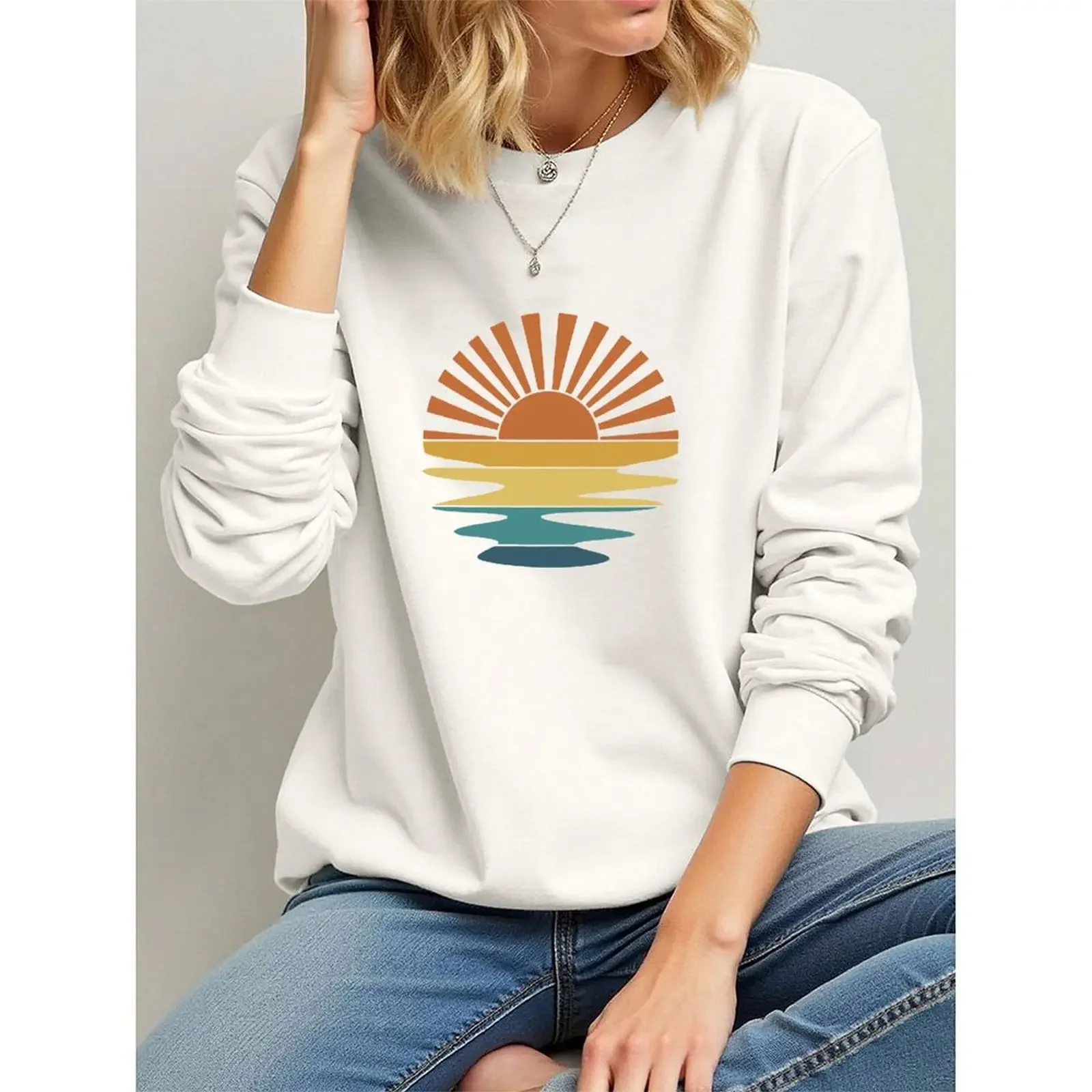 2025 Fashion O-Neck Pullovers Woman Round Neck Long-sleeve Velvet Winter Casual Positive Sunrise Scenery Print Sweatshirt