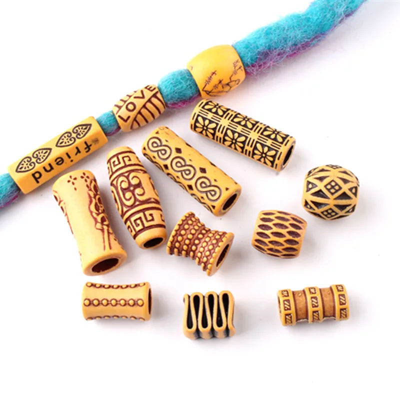 10pcs Plastic Hair Dreadlock Beads Fake Wooden Color Beautiful Braiding Hair Dread Hair Jewelry 6mm Hole Hair Braiding Tool