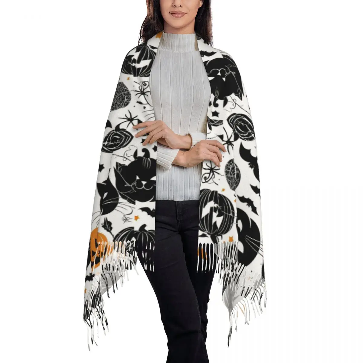 Witch Black Cat Pumpkin Halloween Pattern Scarf Tassel Scarves Women Soft Warm Shawls and Wraps Long Fall Winter Shawl Wrap