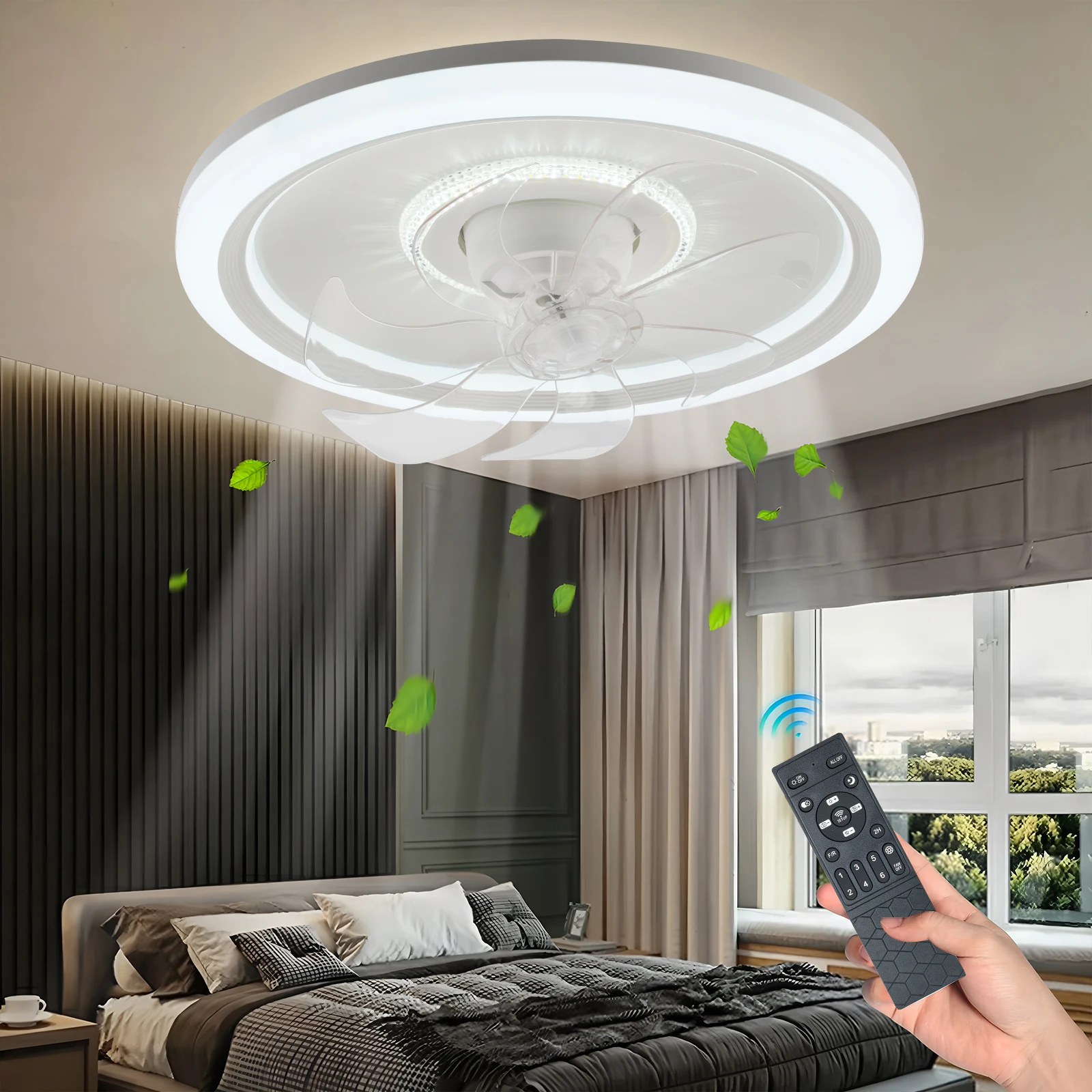 IRALAN Smart Electric Fan with Light White 360° Rotation Ceiling Fan with Lighting and Remote Control 220V Household Fixture