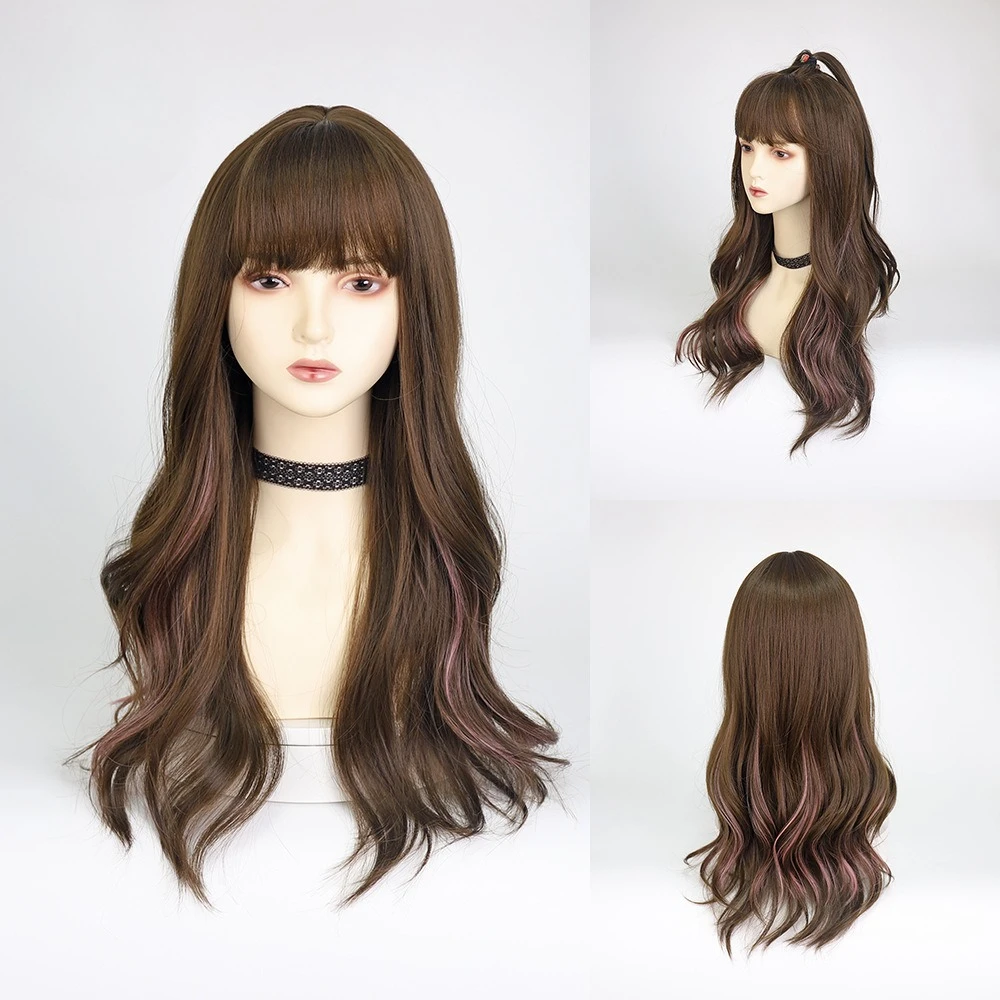 

Wig female long hair natural full head cover female simulation big wave highlights pink long curly hair chemical fiber whole wig