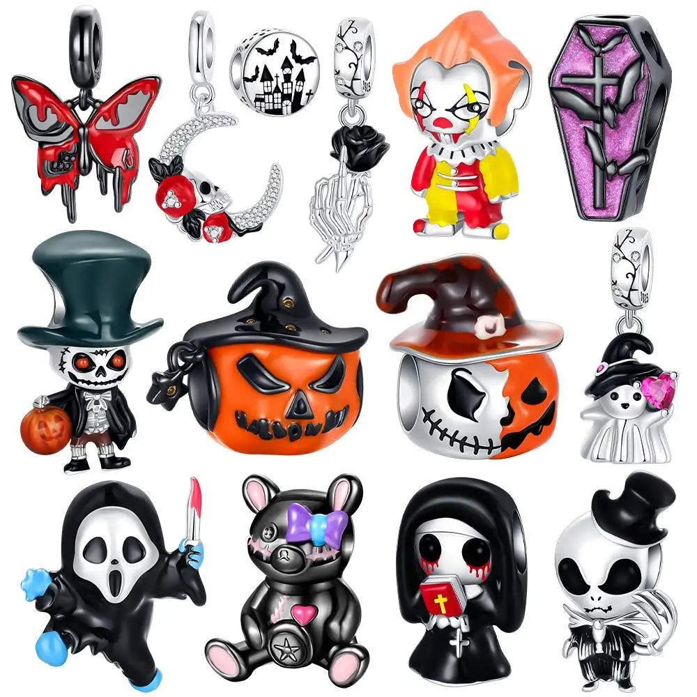 

925 Sterling Silver Halloween Charms Pumpkin Devil Human Skeleton Fit 4mm Bracelet Charms for Cute Jewelry Making