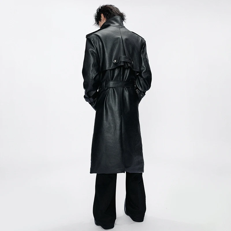 LUZHEN 2026 New Fashion Elegant Double Layer Collar Patchwork Design PU Leather Windbreaker Men's Slim Belt Trench Coat JY9453