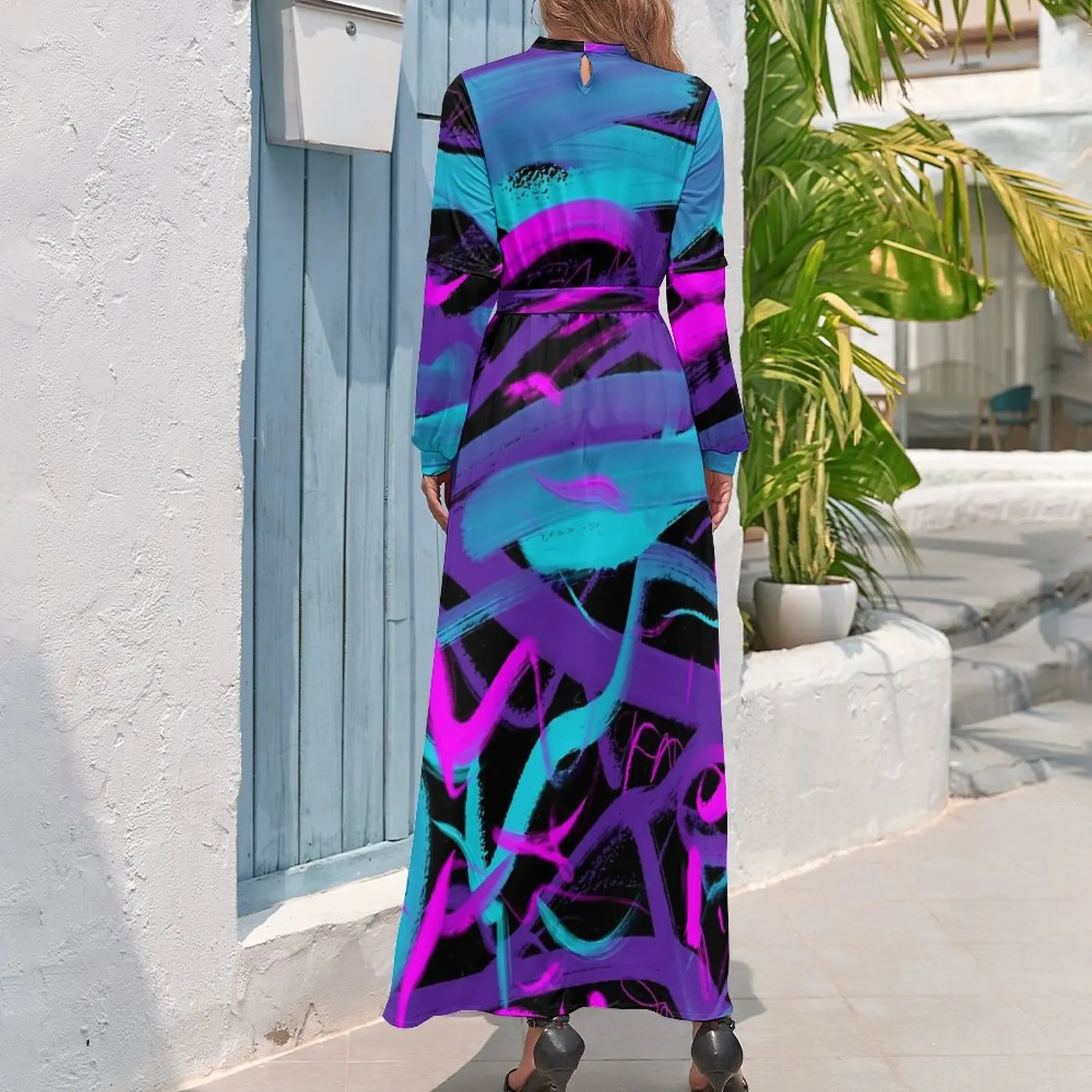 Neon Brush Print Dress Abstract Art Cute Graphic Maxi Dress High Waist Long Sleeve Stylish Boho Beach Long Dresses