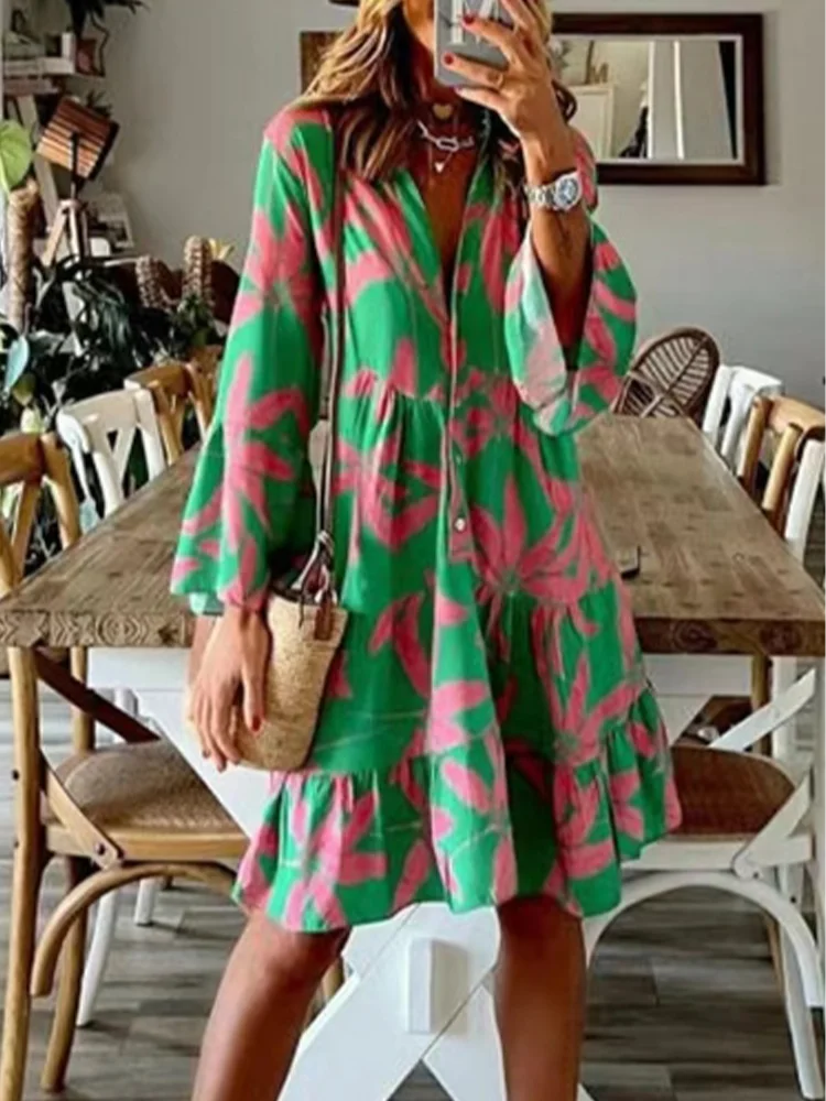 

Spring Geometric Print Horn Long Sleeved V-neck Color Blocked Dress Women's High Waist Loose Casual Dresses