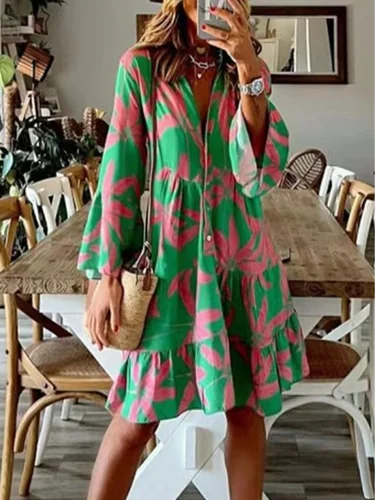 Vestido de primavera con estampado geométrico de cuerno, manga larga, cuello en V, franjas de Color, vestidos informales sueltos de cintura alta para mujer